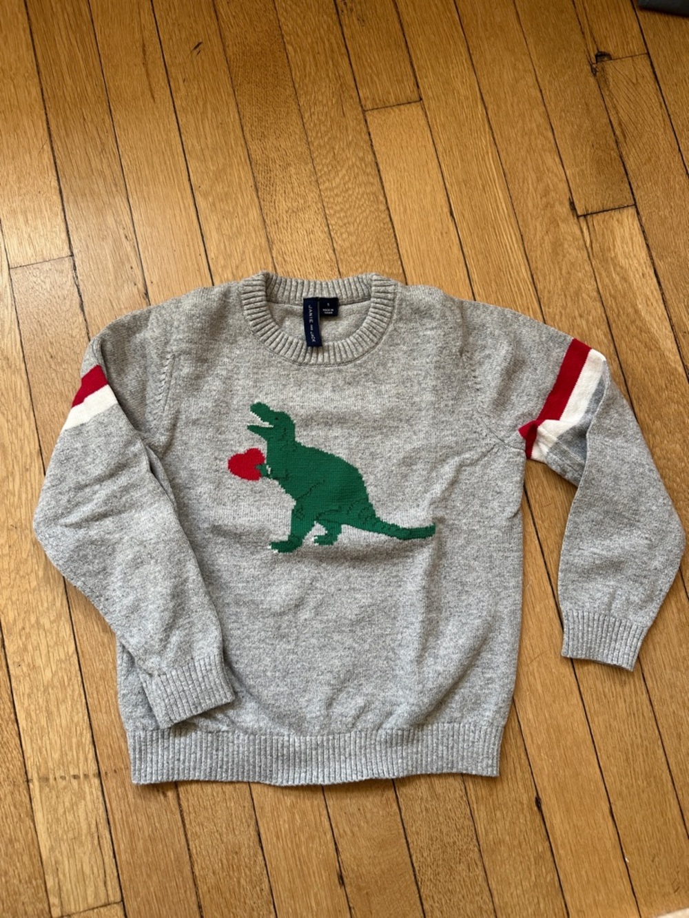Janie and Jack Gray Crewneck Sweater with Green Dinosaur and Red Heart